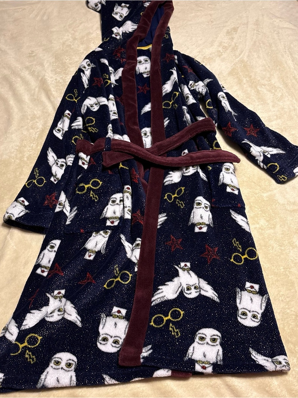 Kids Navy Owl Hooded Bathrobe with Burgundy Trim